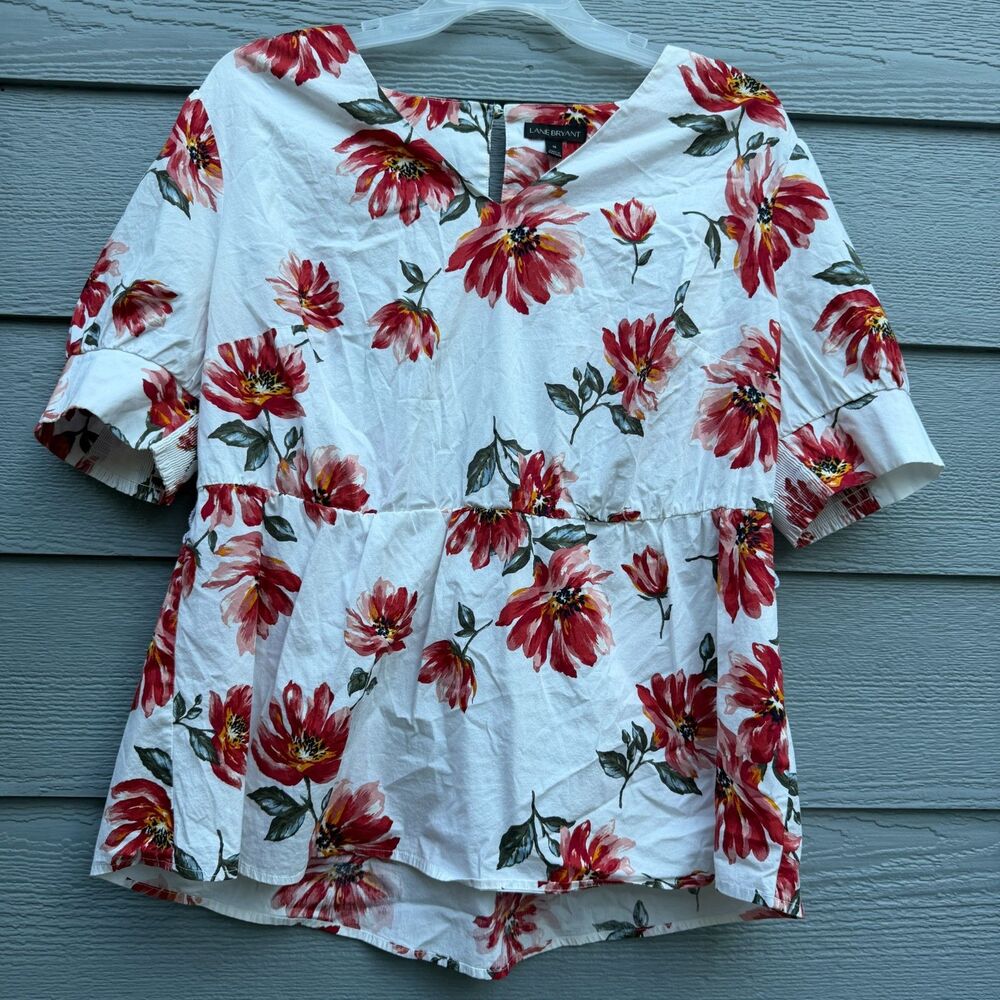 Lane Bryant Size 18 Red Floral Blouse Womens Plus Short Sleeve Casual